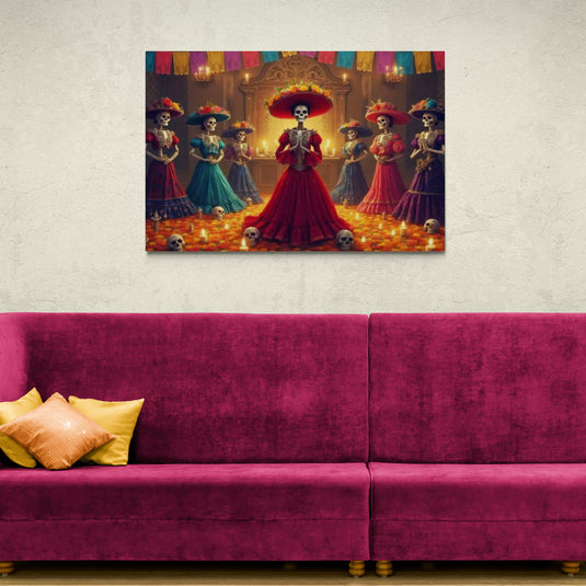 Cuadro decorativo de catrinas bailando con vestidos coloridos en altar de Día de Muertos