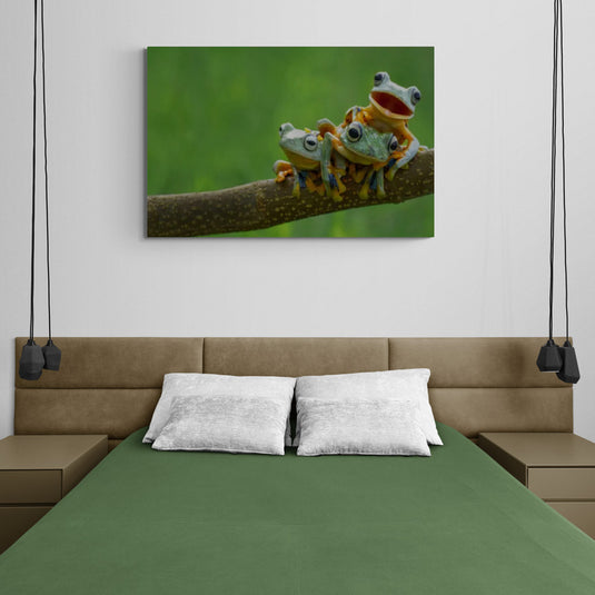 Cuadro de ranas arbóreas, estilo realista y colorido.