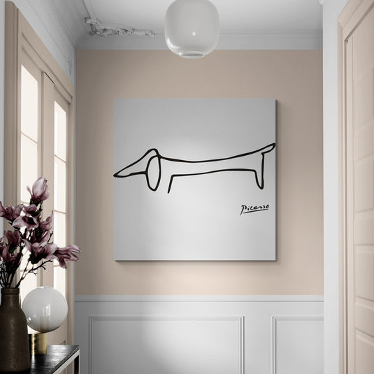 Dibujo minimalista de un perro dachshund en línea negra.