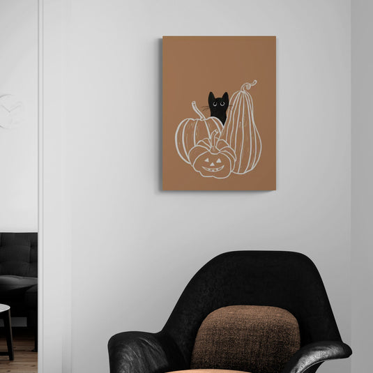 Cuadro decorativo minimalista de gato negro con calabazas de Halloween