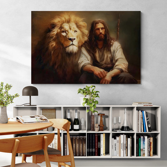Jesús sentado junto a un león en una escena espiritual