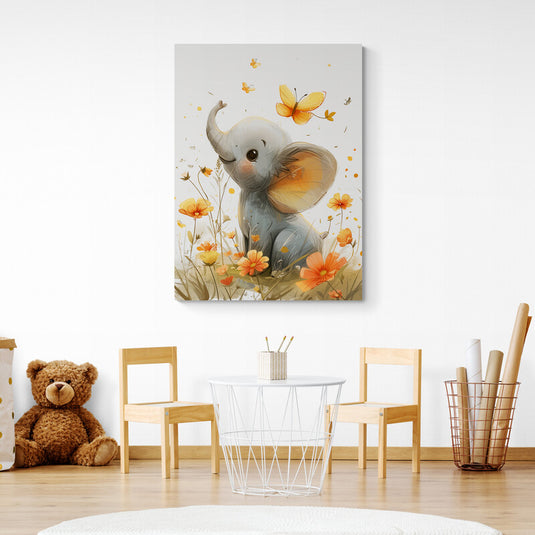 Ilustración de una elefantita curiosa en un campo de flores amarillas y naranjas, interactuando con una mariposa.