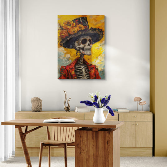 Cuadro decorativo de calavera elegante con sombrero de flores naranjas y traje rojo estilo Día de Muertos