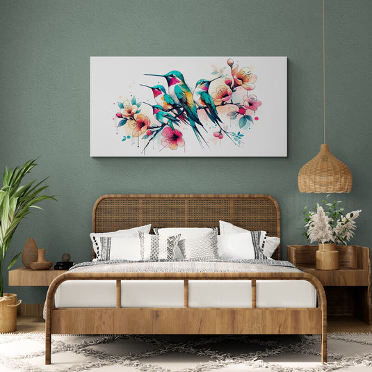 Tres colibríes con flores estilizadas en acuarela