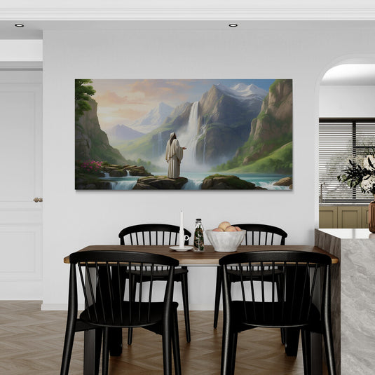 Jesús en un paisaje natural con montañas y cascadas.