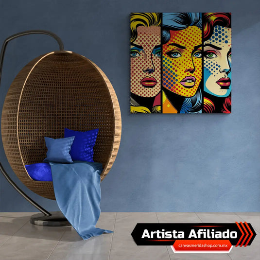 Tres paneles de arte pop al estilo de Lichtenstein con rostros femeninos en colores primarios con puntos Ben-Day