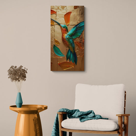 Cuadro decorativo de colibrí en relieve con tonos turquesa y naranja sobre fondo dorado estilo moderno elegante y vibrante