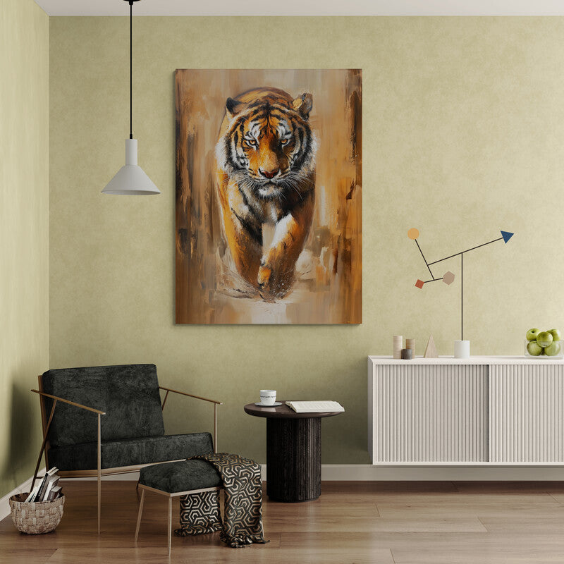 Pintura de un tigre en movimiento con fondo abstracto