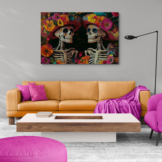 Cuadro decorativo de catrinas mexicanas con sombreros de flores coloridas – arte Día de Muertos
