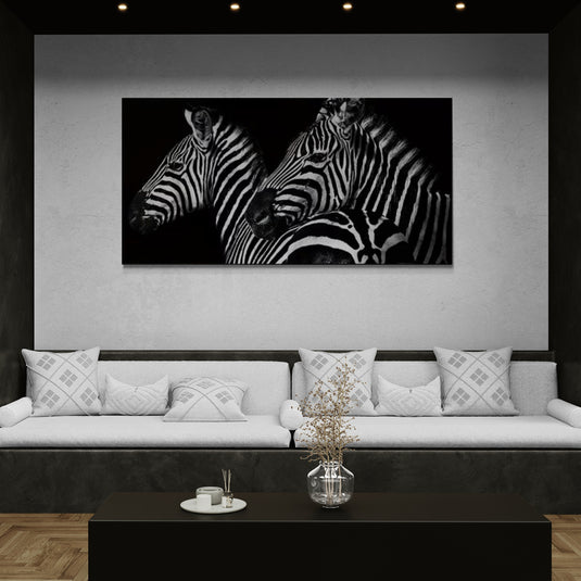 Cuadro decorativo de cebras en blanco y negro estilo moderno elegante y salvaje con contraste artístico contemporáneo