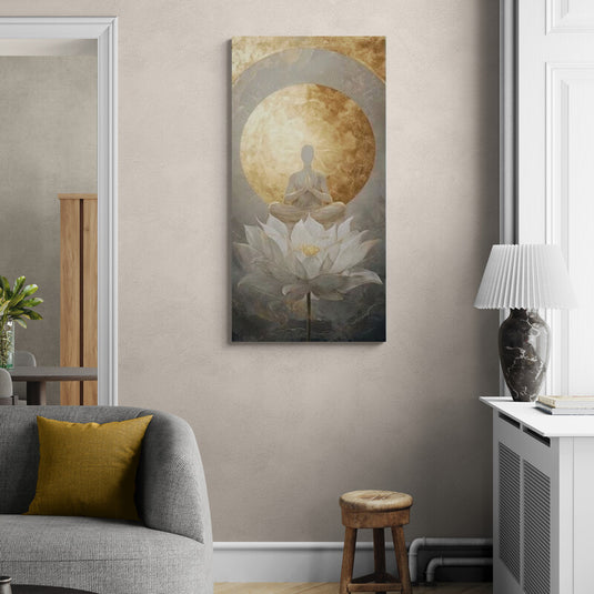Cuadro decorativo con figura meditativa en flor de loto sobre fondo dorado, simbolizando equilibrio y serenidad