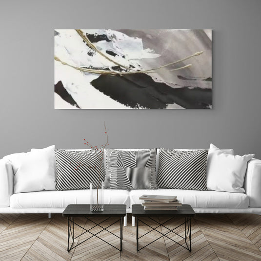 Cuadro abstracto en blanco, negro y dorado  Arte moderno minimalista para salas elegantes y contemporáneas.