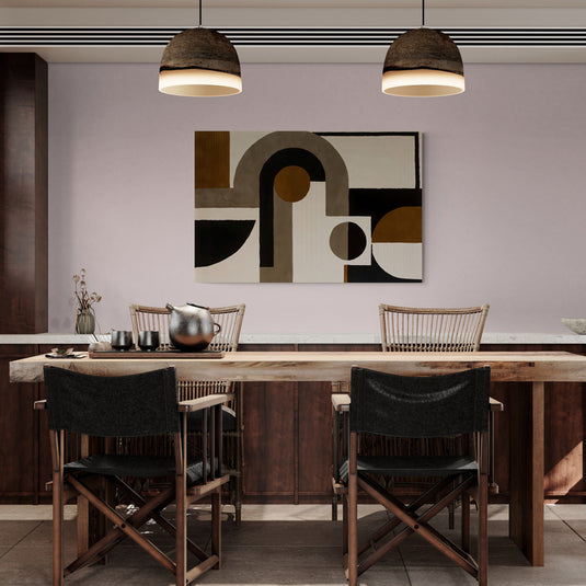 Composición abstracta con formas geométricas en tonos tierra, marrones, beige y grises.