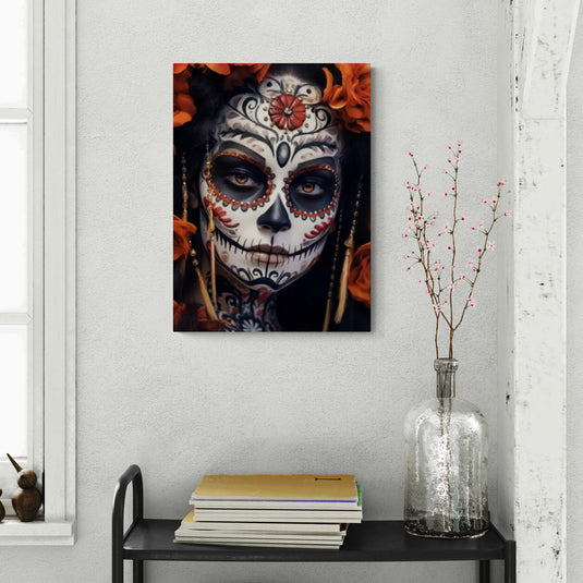 Cuadro decorativo Día de Muertos con catrina femenina y flores naranjas - arte mexicano en lienzo