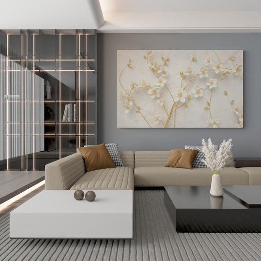 Cuadro_decorativo_fondo_blanco_oscuro_ramas_amarillas_doradas_flores_blancas_centro_amarillo