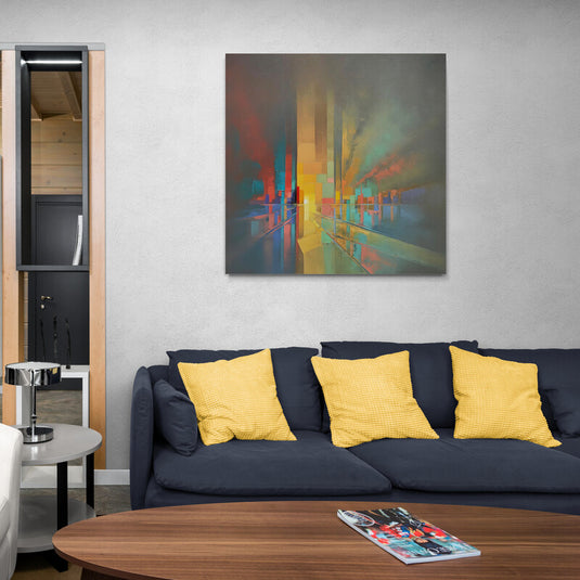 Cuadro geométrico abstracto con tonos cálidos y paisaje urbano