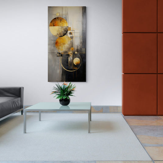 Pintura abstracta vertical con círculos dorados y líneas sobre gris