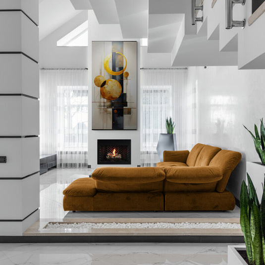 Abstracto geométrico con círculos dorados y grises en vertical