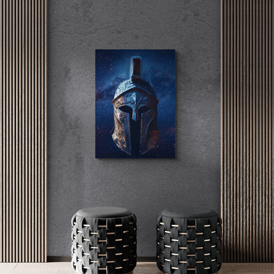 Casco espartano con fondo cósmico