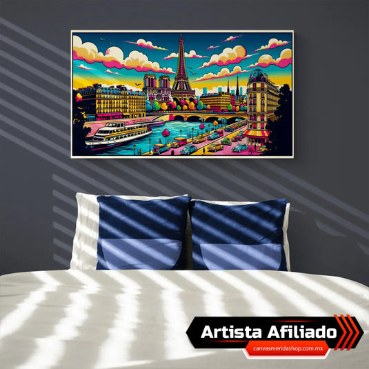 Vista artística pop de París con la Torre Eiffel, la Catedral de Notre Dame, y el Sena ilustrados en colores vivos y estilo cómic