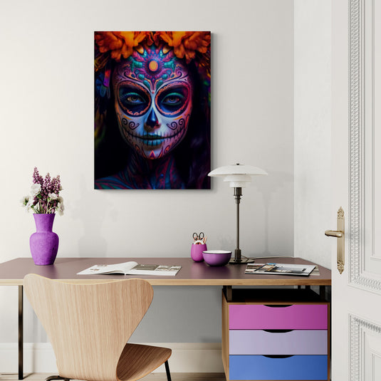 Cuadro decorativo Catrina colorida con flores de cempasúchil y mirada intensa para Día de Muertos