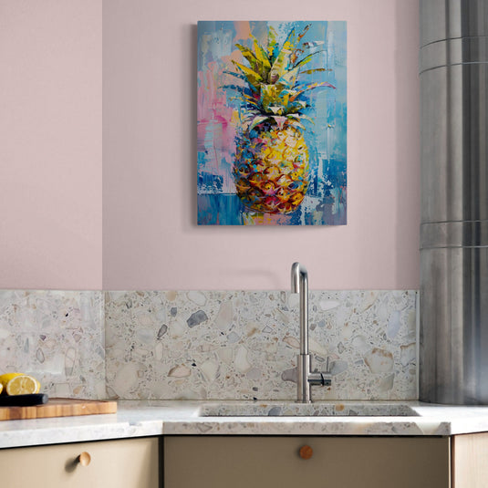 Lienzo colorido de piña tropical en tonos azul, amarillo y rosa