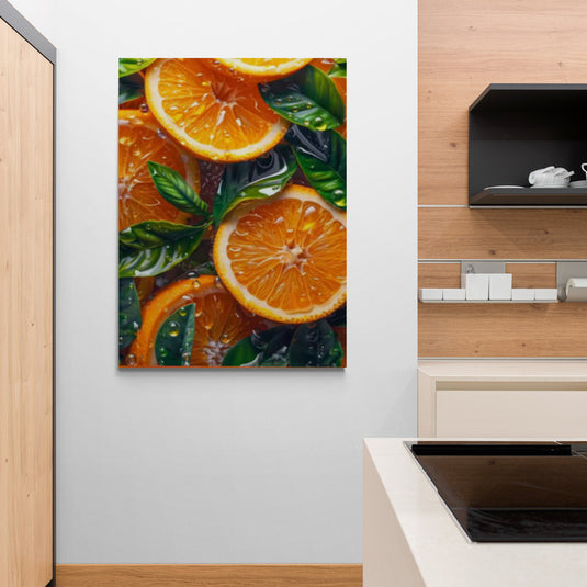 Cuadro decorativo de cocina – Naranjas frescas con hojas verdes y gotas de agua en estilo realista, ideal para decoración de espacios culinarios vibrantes.