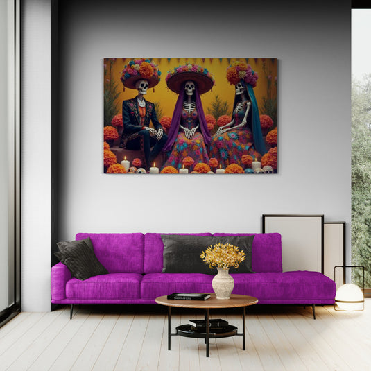 Cuadro decorativo de catrinas mexicanas con flores de cempasúchil para Día de Muertos