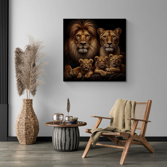 Familia de leones en fondo negro