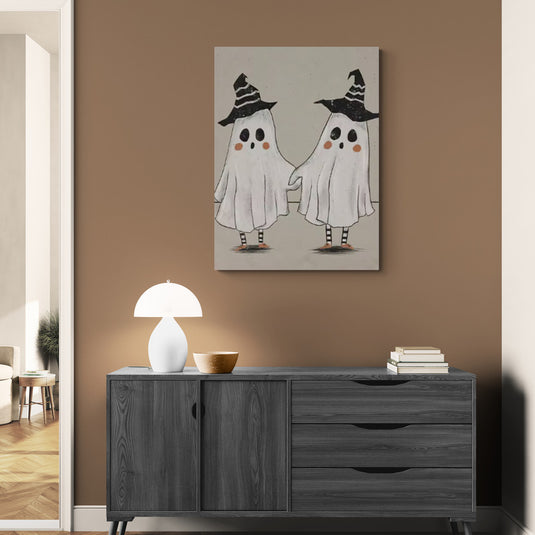 Cuadro decorativo de dos fantasmitas con sombreros de bruja estilo infantil - decoración Halloween tierna