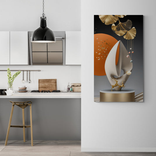 Composición artística surrealista con ciervos dorados y elementos flotantes