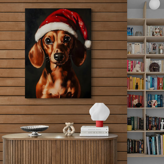 Cuadro de perro salchicha con gorro de Santa Claus sobre fondo oscuro