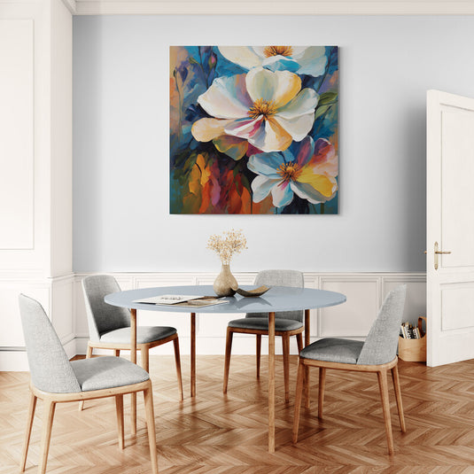 Cuadro decorativo de flores grandes en tonos vibrantes – arte floral moderno con pinceladas expresivas y colores cálidos