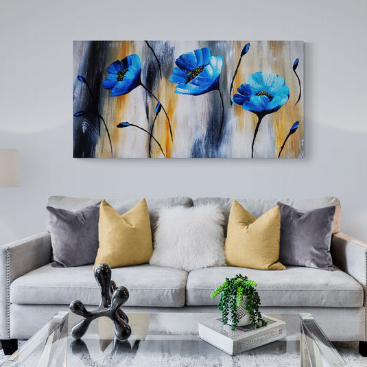 Cuadro_decorativo_Trio_Flores_Azules_Fondo_Contrastante_Negro_Gris_Amarillo