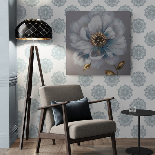 Pintura de peonía azul y gris con detalles dorados en estilo acuarela