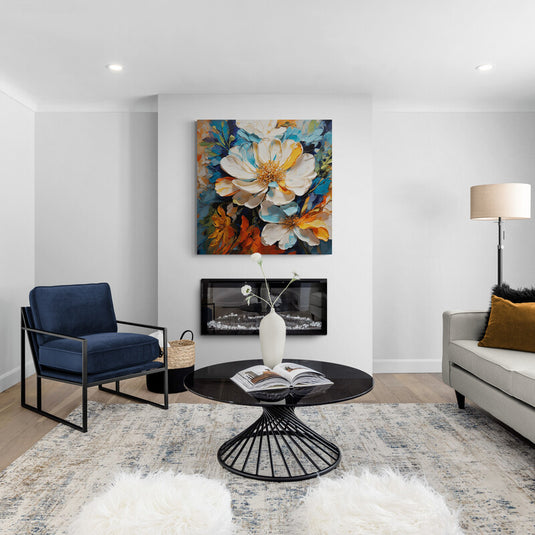 Cuadro decorativo floral con flores blancas y tonos azules y dorados – arte moderno con textura y colores vibrantes