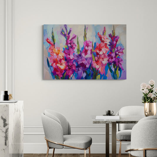 Pintura de gladiolos en tonos rosas y púrpuras para decoración elegante.