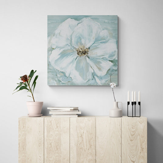 Pintura al óleo de magnolia en tonos acuáticos de azul y blanco