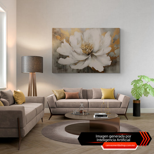 Cuadro decorativo de flor blanca con pétalos abiertos y fondo abstracto en colores dorados y grises