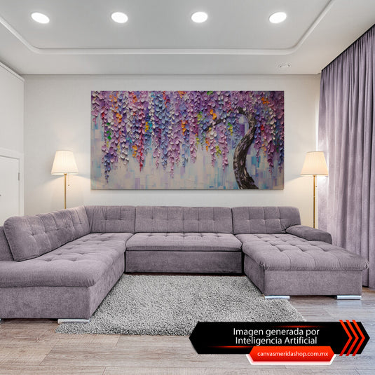 Árbol con ramas y hojas en tonos pasteles: morado, amarillo, verde, azul, naranja y lila"