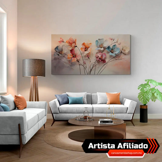 Cuadro Decorativo: Jardín Floral en Tonos Salmón, Azules, Beige y Rosas sobre Fondo Beige Suave