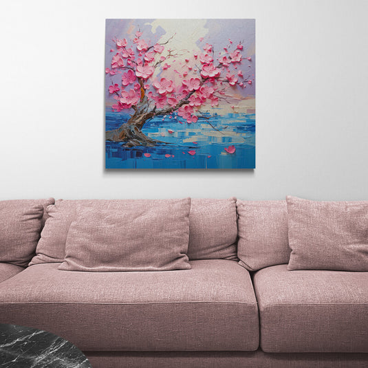 Pintura expresiva de un árbol de cerezo con pétalos rosas dispersándose sobre aguas azules.