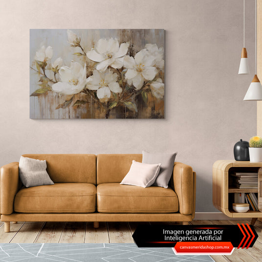 Flores blancas en un fondo abstracto en tonos beige y dorado