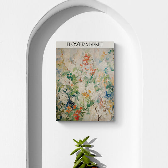 Pintura impresionista que captura la diversidad de colores en un mercado de flores.