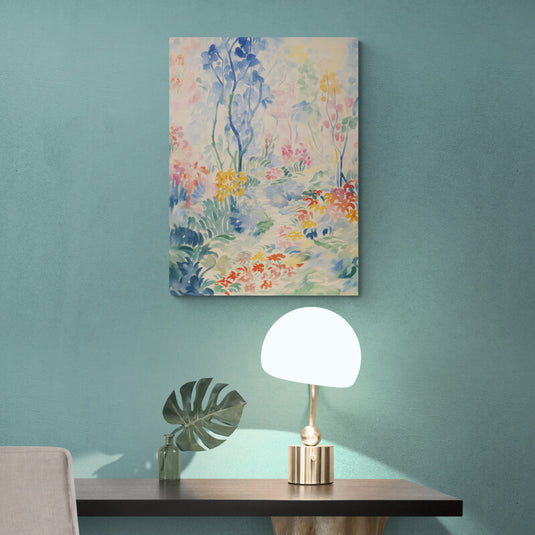 Pintura impresionista de acuarela de un sendero de jardín con flores coloridas