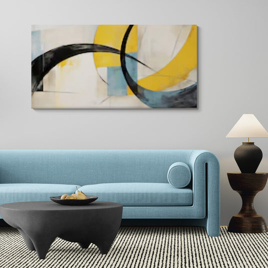 Cuadro decorativo abstracto horizontal con formas curvas en tonos amarillo, negro y azul estilo moderno dinámico contemporáneo