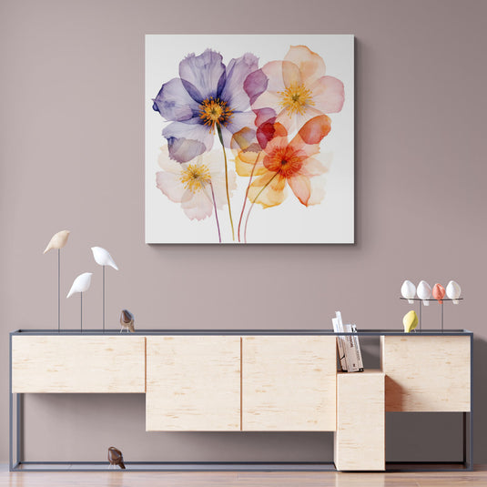 Cuadro decorativo de flores translúcidas en tonos pastel de morado, amarillo, naranja y rosa, con diseño botánico delicado.