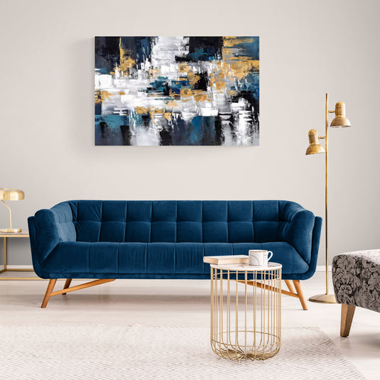 Cuadro abstracto en azul, dorado y blanco – Arte contemporáneo para salas modernas y sofisticadas.