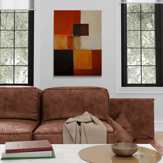 Cuadro abstracto en tonos terracota y marrón.