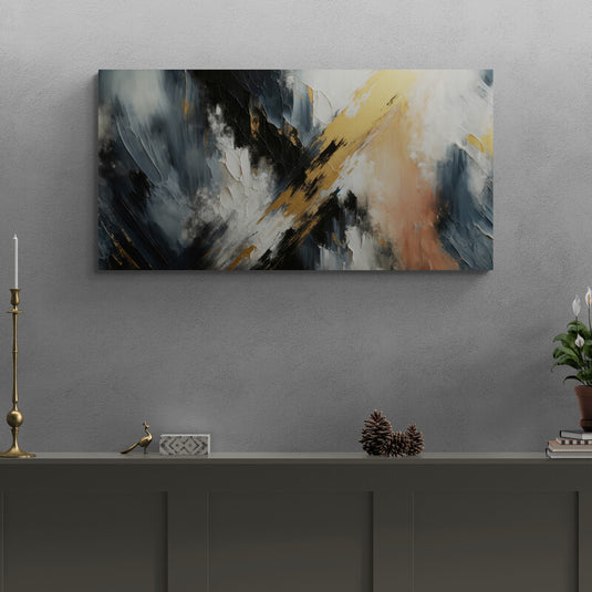 Obra de Arte Abstracto con Texturas Contrastantes en Negro, Blanco y Dorado